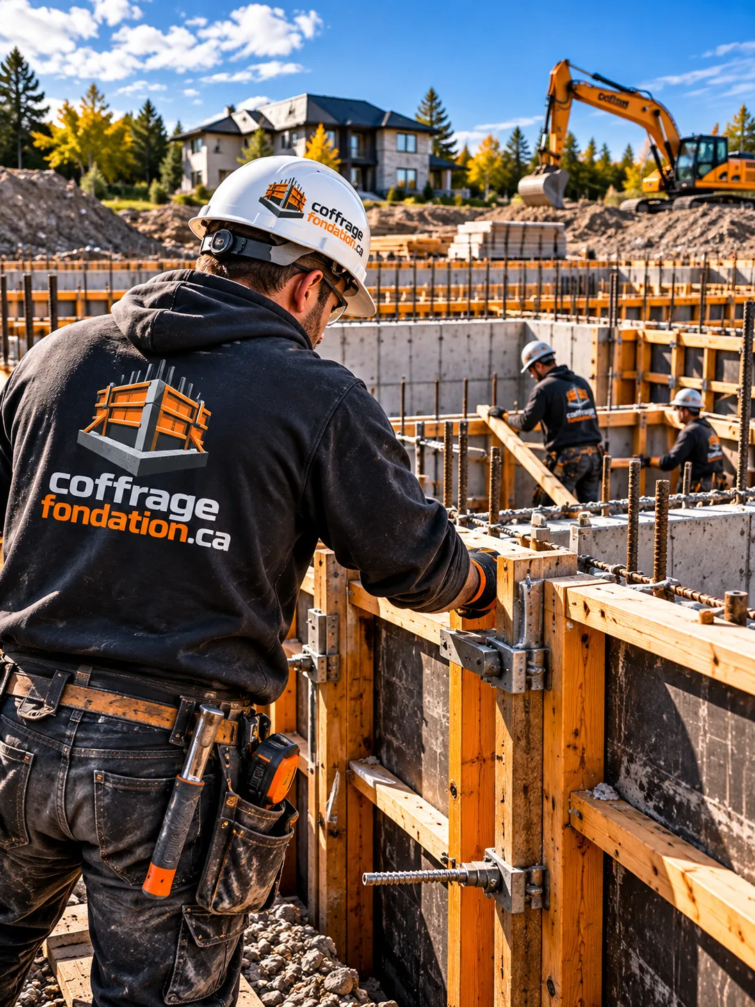 Coffreur qui serre les attaches d'un coffrage de mur de fondation en bois et panneaux noirs